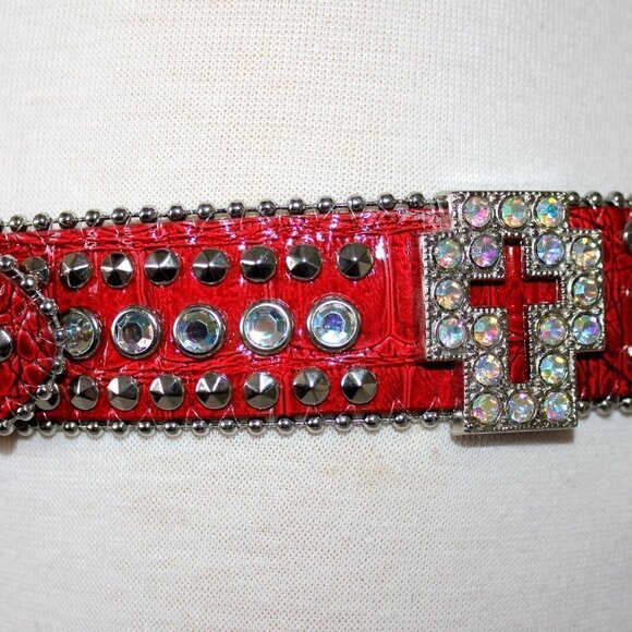 Western Red Bling Cross Belt & Buckle Aurora Borealis AB Crystal Accent ML - Picture 4 of 10
